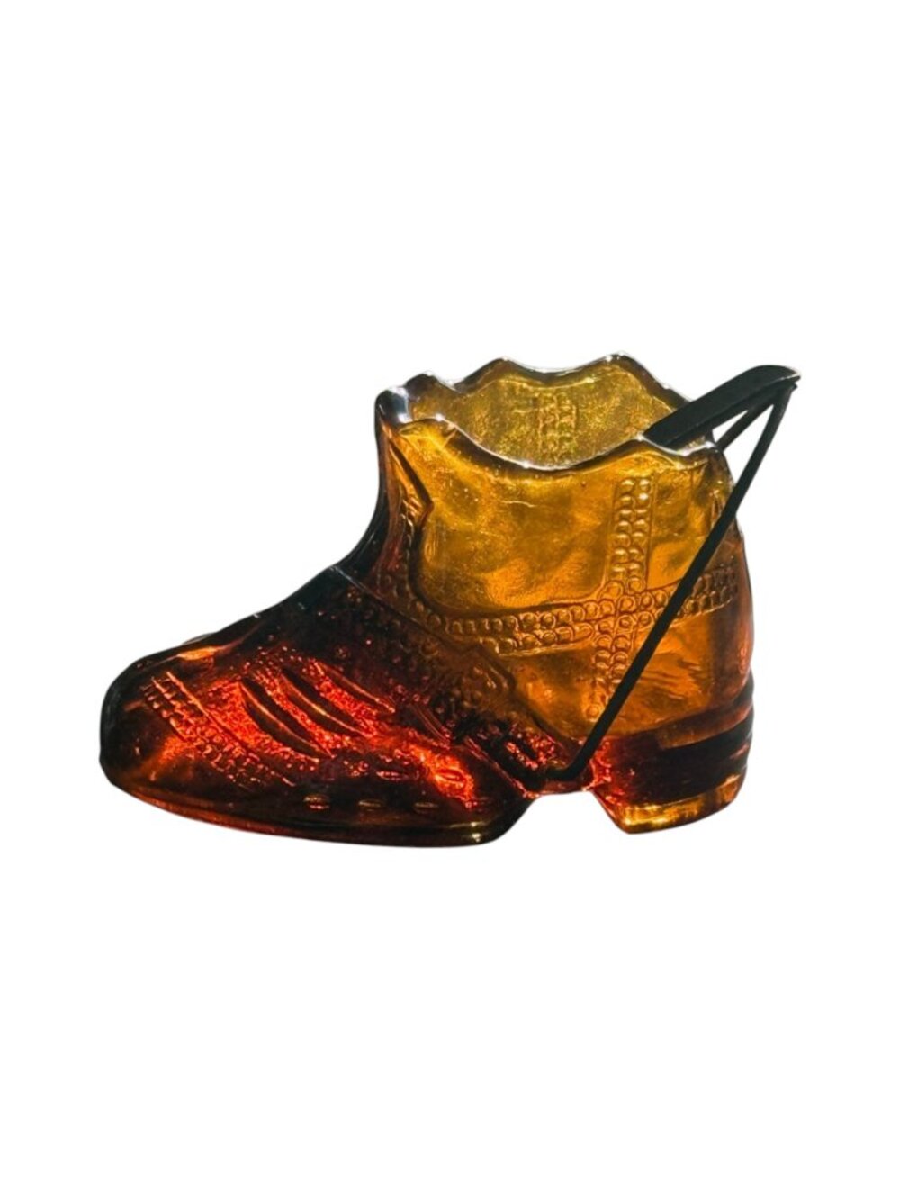 Glass Shoe Boot Norleans Vibrant Amberina Ashtray Metal Cigarette Rest Taiwan